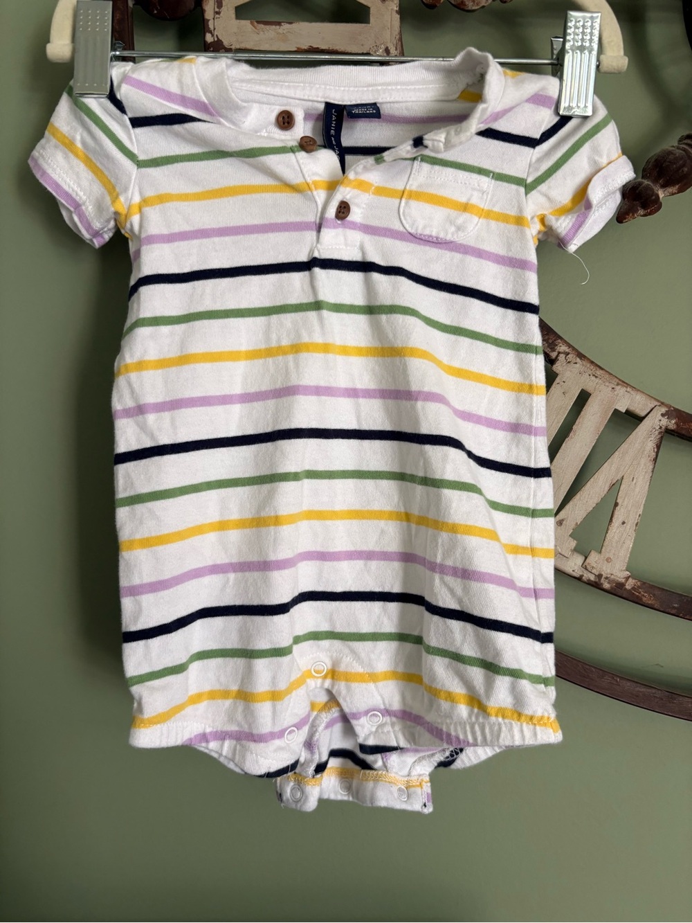 Janie and Jack White Striped Polo Romper with Green, Yellow and Lavender